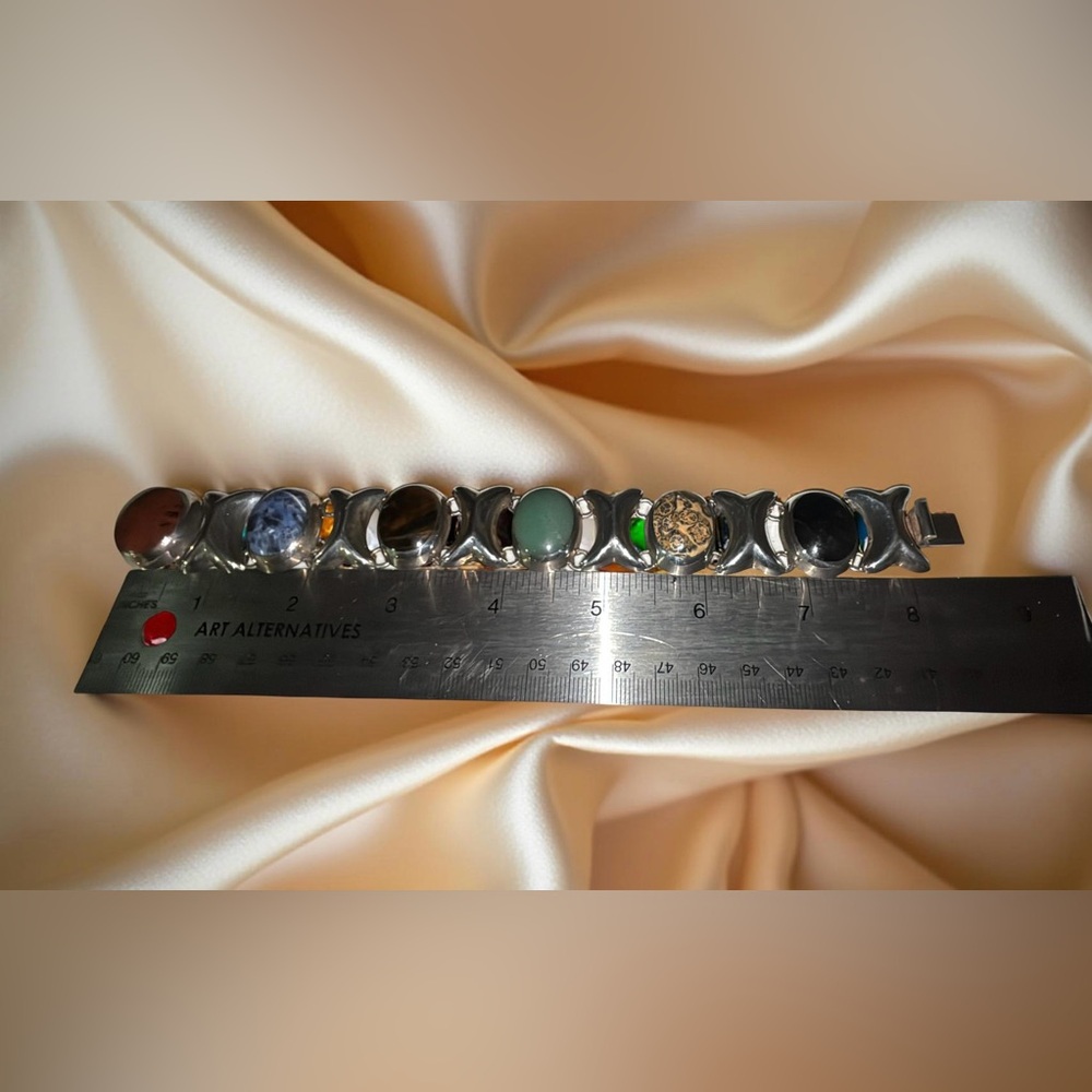 Vintage Unmarked Sterling Silver & Multi-Gemstone Taxco Bracelet